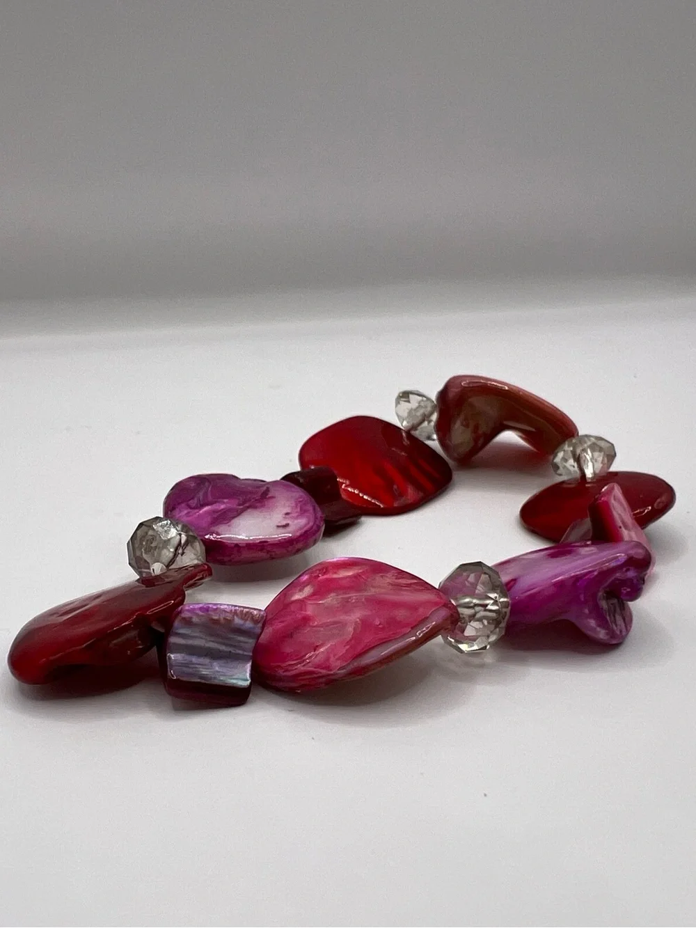 Vintage Pink Red Mother of Pearl Shell Nugget Stretch Bracelet